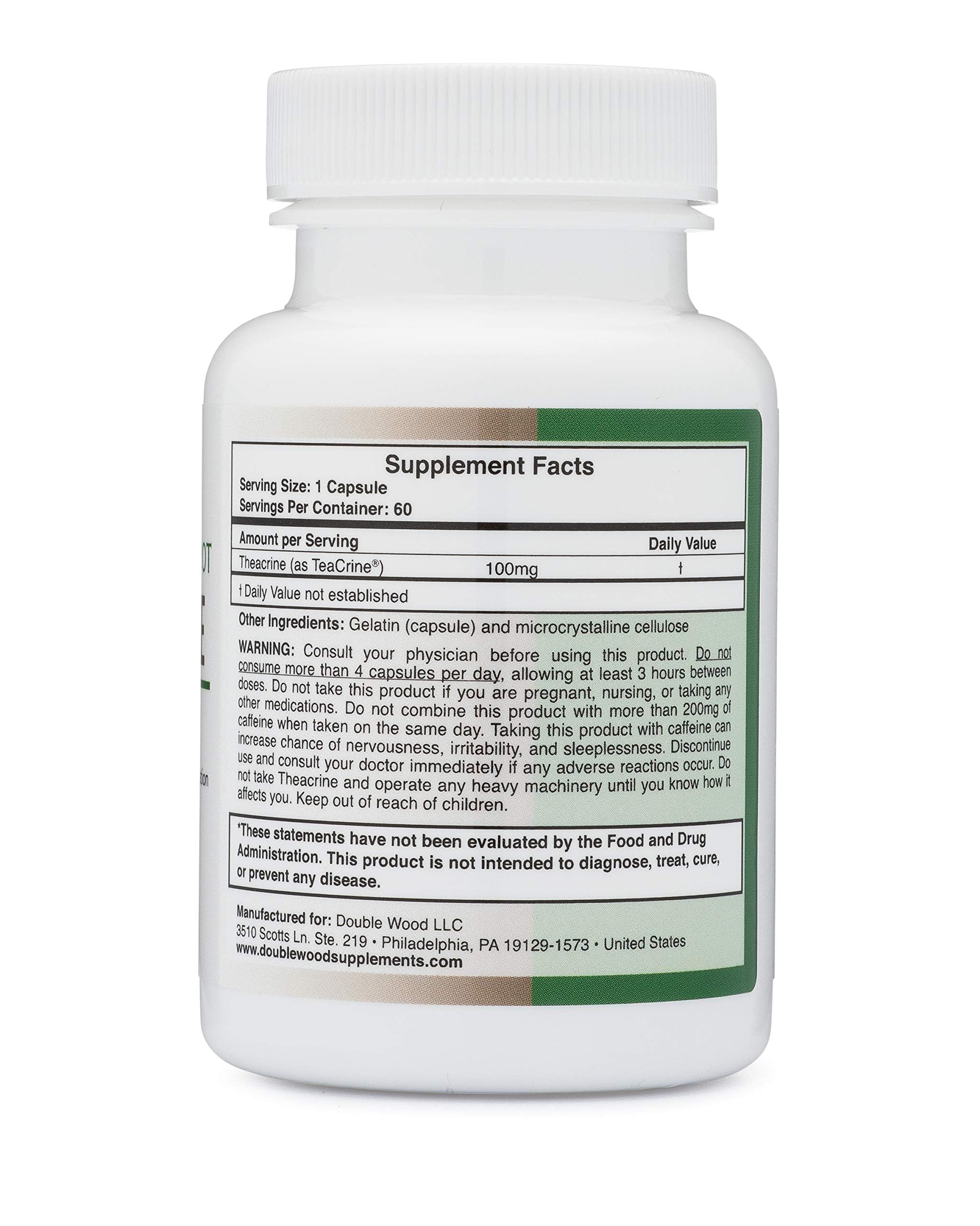Theacrine (Teacrine) 100 Mg, 60 Capsules - Energy and Focus Supplement (Similar to Caffeine Pills but More Subtle and Longer Lasting) Non-GMO and Gluten Free by Double Wood - Image 3